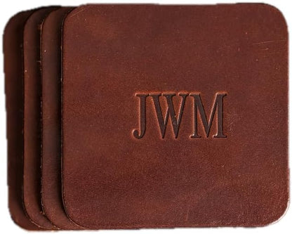 Ox & Pine Personalized Leather Coaster - Sold Individually or in Sets of 4 - Customize Inscription - 100% Full-Grain Leather – 4" Round or 4" Square (Square, Brown, Set of 4 Coasters)