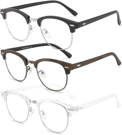 SOAR&EAGLE 3 Pack Blue Light Blocking Glasses,Computer Gaming Glasses,Retro Semi Rimless UV400 Clear Lens Computer Eyewear For Men/Women (Sand black silver/Wood grain gun/Crystal silver)