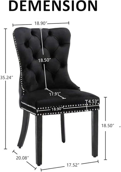 KCC Velvet Dining Chairs Set of 2, Upholstered High-end Tufted Dining Room Chair with Nailhead Back Ring Pull Trim Solid Wood Legs, Nikki Collection Modern Style for Kitchen, Black