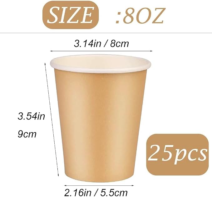 25 Pack 8 oz Paper Cups, Khaki Paper Coffee Cups, Beverage Cups | Disposable - Image 2