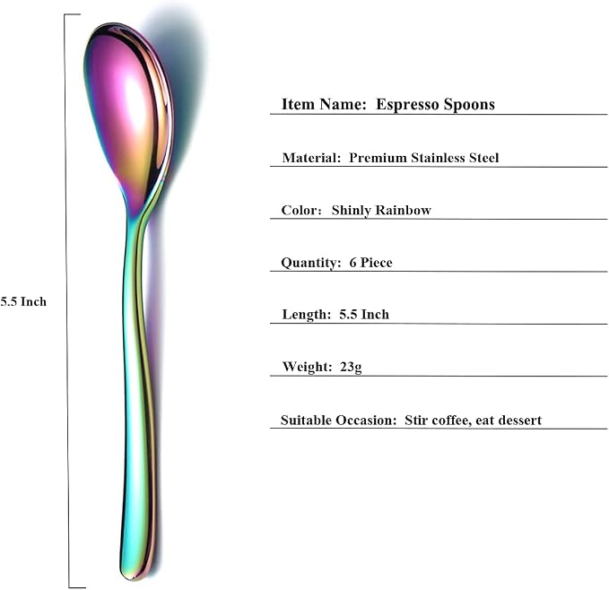 Rainbow Demitasse Espresso Spoons, 5.5'' Mini Coffee Spoons, Stainless Steel - Image 2