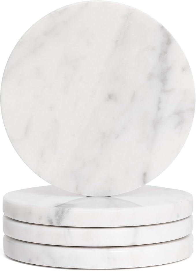 Set of 4 White Drink Coasters, 4-Inch Exquisite Marble Stone Coasters, Natural by CHISELED+ST+DF+SK