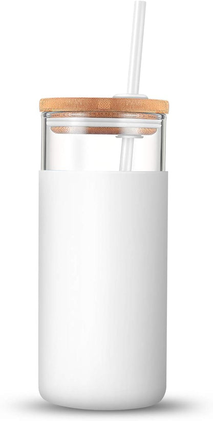 Tronco 20 oz Glass Tumbler with Lid and Straw, Iced Coffee Cup and Smoothie Cup with Bamboo Lids & Protective Silicone Sleeve, Dishwasher Safe, BPA-Free, Glass Cup 2 Pack