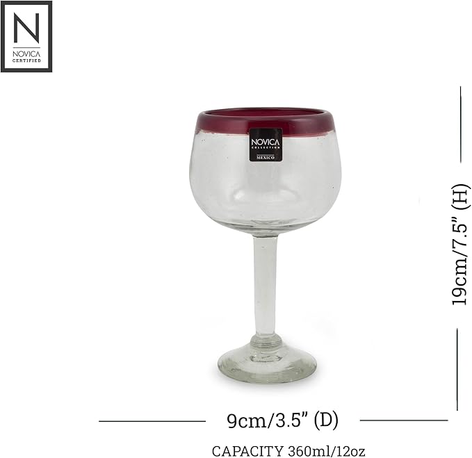 NOVICA Hand Blown Clear Red Recycled Glass Wine Glasses, 12 Oz 'Ruby Globe' - Image 3