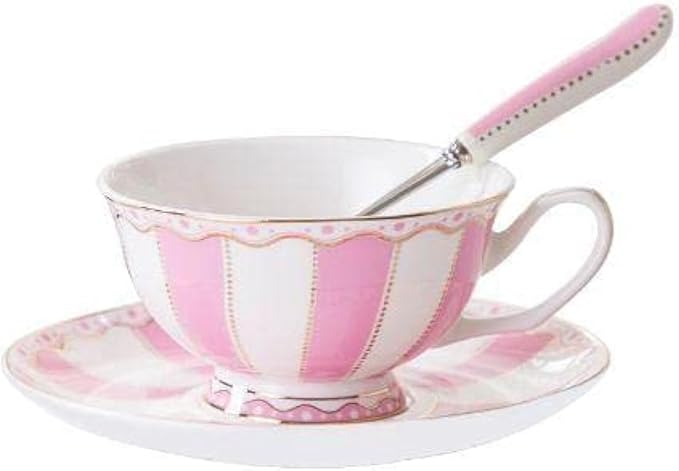 Bone China Pink Tea Cup with Saucer Spoon 3 Piece Set（7oz） Cappuccino Cups by PFEDXOON