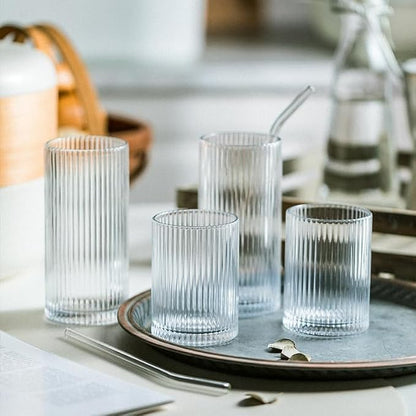 Drinking Glasses with Origami Style Set of 4 Glass Cups, 9oz Ribbed Glassware - Image 9