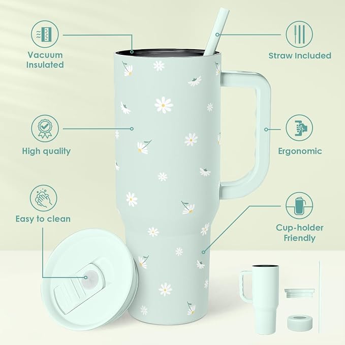 Daisy 40oz Tumbler with Handle and Straw – Flower Insulated Stainless Steel - Image 2