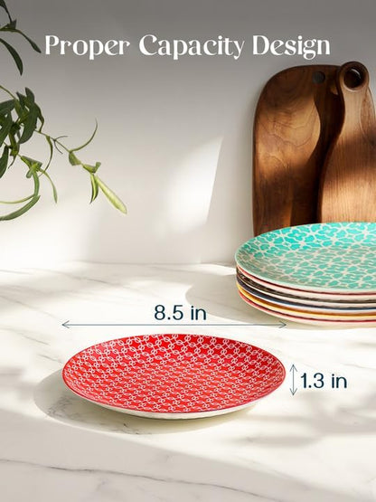 DOWAN 8.5" Salad Plates Set of 6, Ceramic Dessert Plate for Appetizer, Sushi, Microwave, Oven & Dishwasher Safe, Colorful Design Perfect for Party, Wedding, Birthday, Mothers Day Gifts