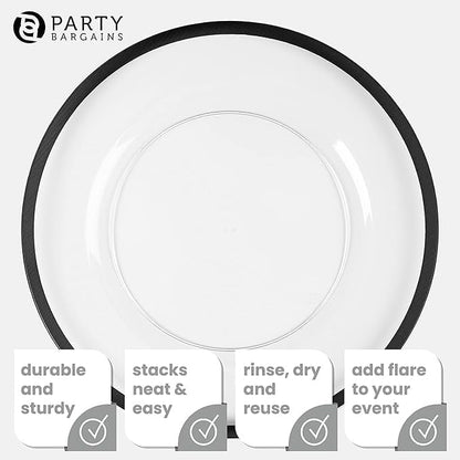 PARTY BARGAINS 13-Inch Charger Plates - 96 Pack, Clear Black Rim, Heavy-Duty Disposable Chargers for Elegant Dining - Ideal for Weddings and Formal Events