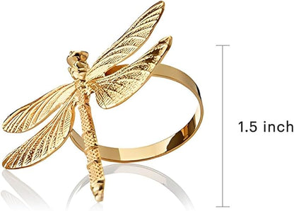Decozen Set of 4 Gold Napkin Rings in Dragonfly Design Festive Table Decor Setting for Holiday Wedding, Birthday, Kitchen, Home Decor Housewarming Gift - Mothers Day Decorations