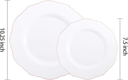 WDF 100pcs Rose Gold Plastic Plates-Baroque White &Rose Gold Disposable Plates including 50Plastic Dinner Plates 10.25inch,50Salad Plates 7.5inch for Wedding & Parties