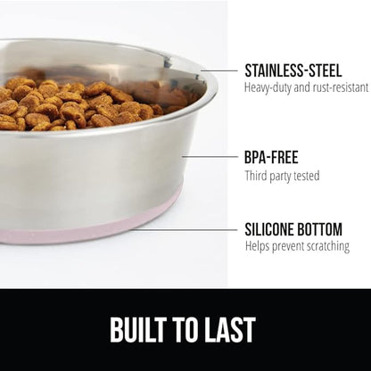 GORILLA GRIP Dog Bowls, Holds 1 Cup Each (8 fl oz), Heavy Duty Stainless Steel Food and Water Bowl for Feeding Dogs and Cats, Dishwasher Safe, Rust Resistant Metal, BPA Free Rubber Base, Set of 2 Pink