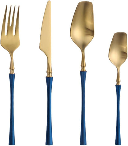 48 Piece Gold Silverware Set for 12，Durable 18/8 Stainless Steel Flatware Set Slim Waist Blue Handle Cutlery Set Utensils Include Spoons Knifes Forks Kitchen Wedding Restaurant
