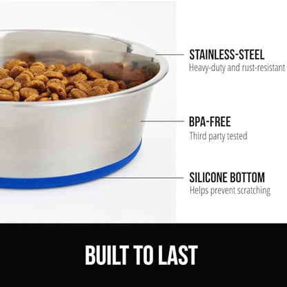 GORILLA GRIP Dog Bowls, Holds 4 Cups Each (32 fl oz), Heavy Duty Stainless Steel Food and Water Bowl for Feeding Dogs and Cats, Dishwasher Safe, Rust Resistant, BPA Free Rubber Base, Set of 2 Blue