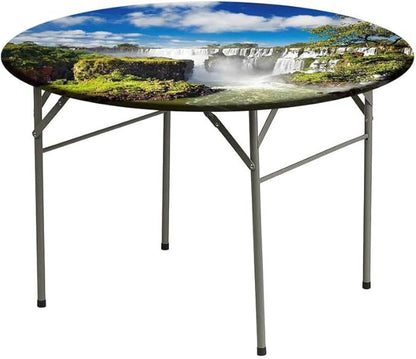 Round Edge Closing Tablecloth, Landscape Elastic Edged Tablecloth, Majestic Waterfall River Argentinean Falls Natural, Fit Round Tables 28inch Diameter, for Dining Room/Party/Banquet Decoration