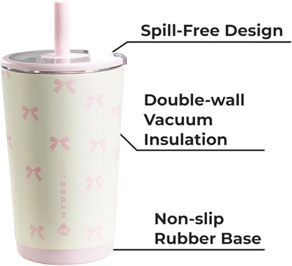 HydroJug Everyday Tumbler 14 oz – Ceramic-Lined Insulated Tumbler with Straw and Soft-Touch Lid, Cup Holder Friendly, Double-Wall Vacuum Insulation, Reusable Travel Cup – Bows