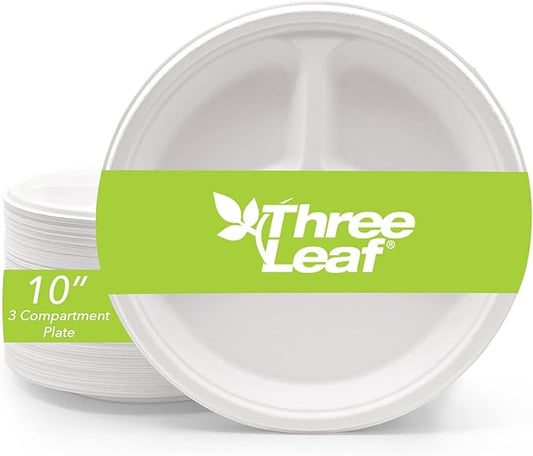 three leaf 10" 3 COMPARTMENT BAGASSE ROUND PLATE, 50 Ct. Heavy-Duty- Super Strong- Natural- Eco-Friendly Disposable Bagasse Plates, 100% Biodegradable 10 inch 3 compartment plates
