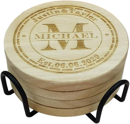 Personalized Wooden Coasters for Drinks - Custom Engraved, Monogram, Great Gifts for Relatives, Friends or Yourself (M, Set of 4)