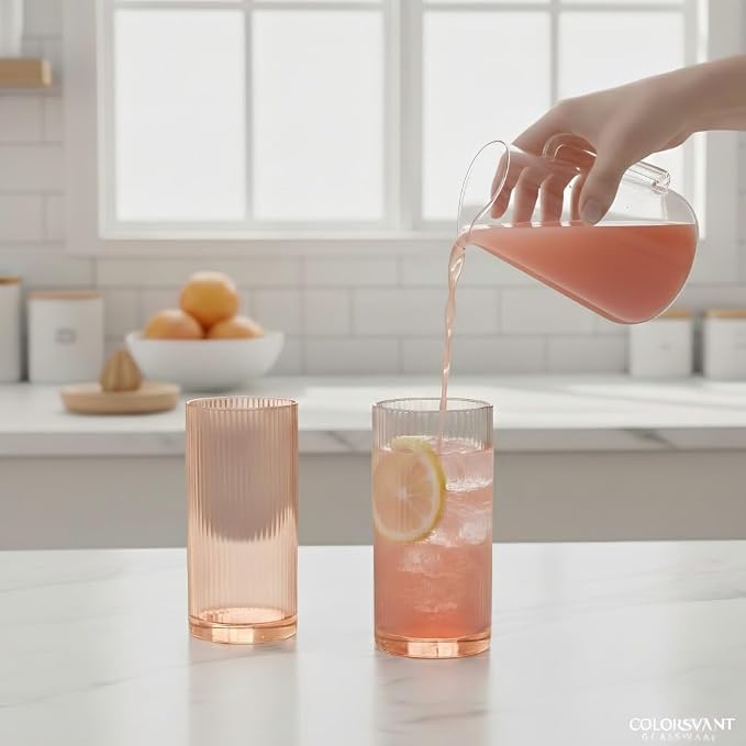 Physkoa Peach Ribbed Drinking Glasses Set of 6 – Vintage Embossed Highball - Image 3