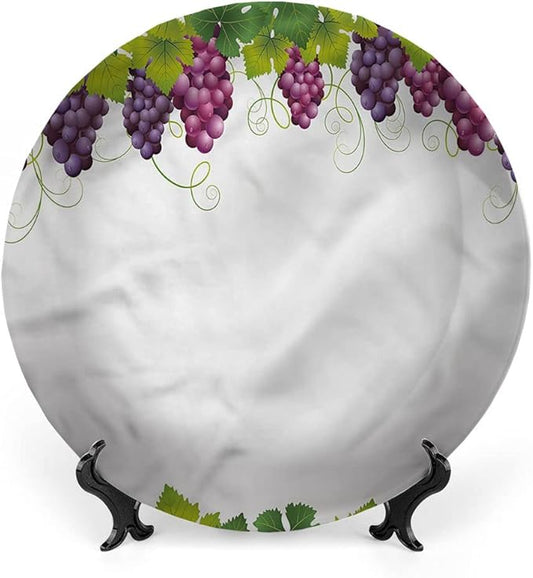 Ceramic Display Plate, Vineyard Ceramic Hanging Decorative Plate, Leaves and Ripe Grapes, 8 Inch, Living Room Kitchen Decoration Household, Multicolor