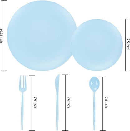EI 150pcs Blue Plastic Plates Disposable Light Blue Baby Shower Plates Heavy Duty Dinnerware Set Plastic Silverware for Party,Wedding,Easter,Spring Afternoon Tea