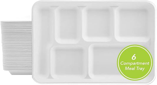 three leaf 6 COMPARTMENT BAGASSE TRAY 150 Ct. Heavy-Duty- Super Strong- Natural- Eco-Friendly Disposable Bagasse Plates, 100% Biodegradable 6 Compartment meal Plates