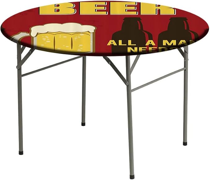Polyester Tablecloth, Manly Decor Waterproof Oil-Proof PVC Table Cloth, Beer Mug and Two Bottles with Quotes Beer All, Fit Round Tables 28inch Diameter, for Dinner Kitchen Party Decoration