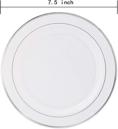 WELLIFE 144 Pieces Silver Plastic Dessert Plates, 7.5 inch Disposable Salad Plates, Premium White Appetizer Plates with Silver Rim, Ideal for Party, Wedding