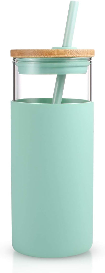 Tronco 20 oz Glass Tumbler with Lid and Straw, Iced Coffee Cup and Smoothie Cup with Bamboo Lids & Protective Silicone Sleeve, Dishwasher Safe, BPA-Free, Glass Cup 1 Pack