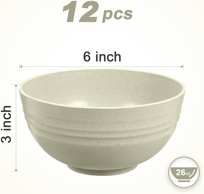 HEYCOME 12 Pcs Unbreakable Cereal Bowls Set, 26 Oz Wheat Straw Bowls Set - Image 2