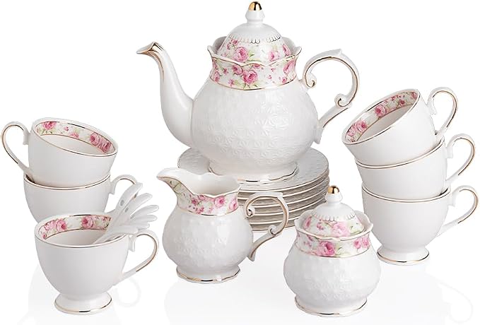 Sweejar 21 Piece Porcelain Tea Set, Vintage British Floral Relief Gold Rimmed by Sweejarco1949