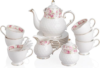 Sweejar 21 Piece Porcelain Tea Set, Vintage British Floral Relief Gold Rimmed by Sweejarco1949