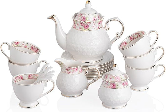 Sweejar 21 Piece Porcelain Tea Set, Vintage British Floral Relief Gold Rimmed by Sweejarco1949