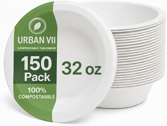 32 oz Compostable Paper Bowls [150-Pack] – Heavy-Duty & Leak-Resistant Disposable Bowls, Natural Sugarcane Bagasse Fiber, Microwave-Safe, Eco-Friendly for Parties, Catering & Everyday