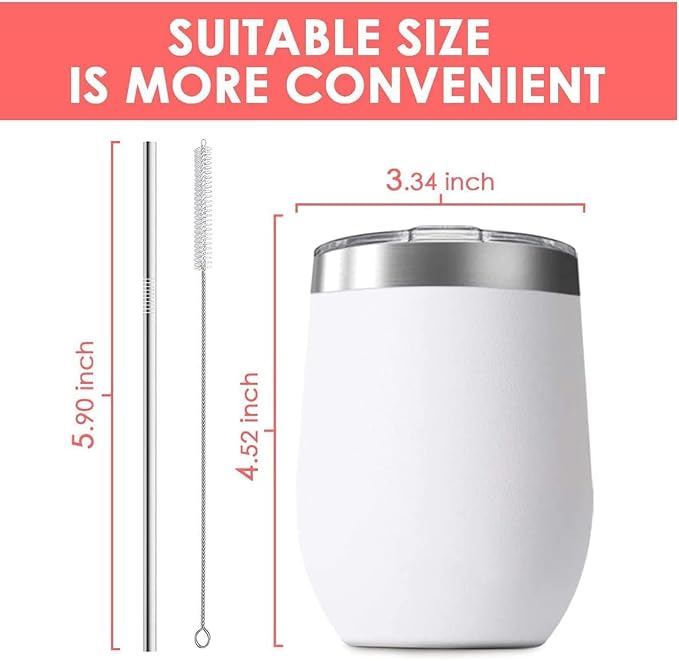 12oz Wine Tumbler with Lid With straw Stainless Steel Wine Tumbler Cups Double - Image 3
