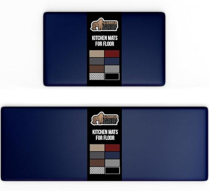 GORILLA GRIP 2 Pack Comfortable Cushioned Kitchen Mats for Floor, 17x29 + 17x59, Waterproof and Stain Resistant, 1/2 Inch Thick Soft Ergonomic Standing Desk Anti Fatigue Mat, Foam Supports Feet, Navy