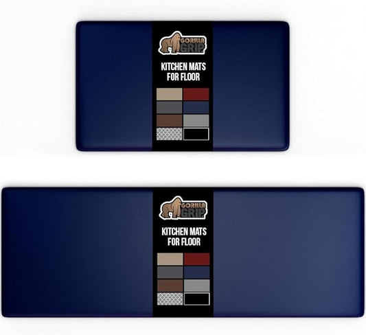 GORILLA GRIP 2 Pack Comfortable Cushioned Kitchen Mats for Floor, 17x29 + 17x59, Waterproof and Stain Resistant, 1/2 Inch Thick Soft Ergonomic Standing Desk Anti Fatigue Mat, Foam Supports Feet, Navy