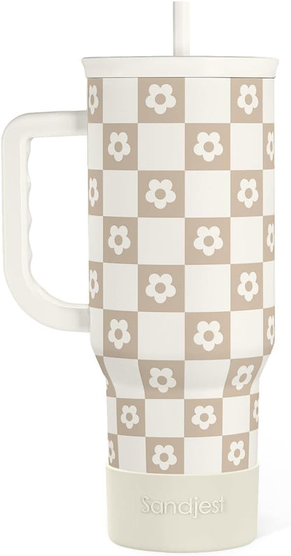 SANDJEST Checker Tumbler with Handle and Straw 40oz – Stainless Sleel Slider by SANDJEST