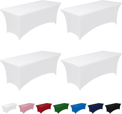 Pureegg Spandex Tablecloth 6ft - 4 Pack, Fitted and Tight Cloth for Rectangle Table, Wrinkle-Free and Stretch Table Cover for Party, Wedding, Banquet and Birthday, White
