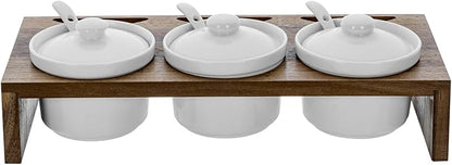 MyGift 10 Piece Condiment Pot Serving Set Includes Premium Acacia Solid Wood Raised Display Server Tray and 3 Ceramic Ramekin Dip Bowls with Lids and Spoons
