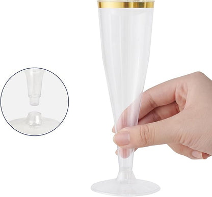 JOLLY CHEF 36 Count Plastic Champagne Flutes 4.5 oz Gold Rim Clear Disposable Toasting Glasses