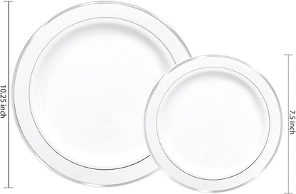 I00000 102pcs Silver Plastic Plates, Disposable Plastic Party Plates with White Silver Rim Fancy Wedding Party Plates Include 51 Dinner Plates 10.25" and 51 Dessert Appetizer Plates 7.5"