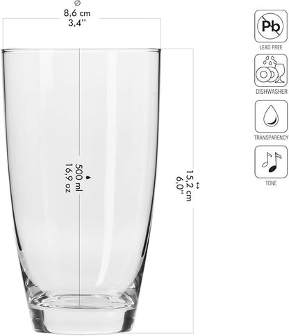 Krosno Tall Water Drinking Glasses, Set of 6, 16.9 oz Mixology Collection, Ideal for Everyday Use, Drinking Glasses, Lead-Free and Safe, Dishwasher Safe, Made in Europe