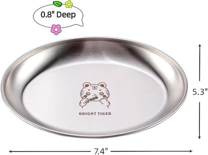 SHENGOCASE 4-Pack 7.3" Extra Wide Oval Shallow Cat Food Bowls Dish, Cute 304 Stainless Steel Anti Whisker Fatigue Plate,Whisker Friendly & Relief Plate for Big Cats (Without Mat)