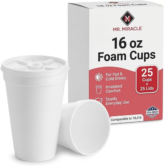 16 OZ Foam Cups With Lids for Hot & Cold Drinks, USA-Made 25-Pack.Ideal by MrMiracle