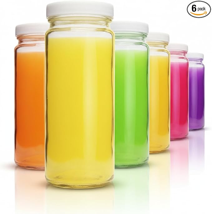 16oz Glass Juice Bottles with Lids, 6 Pack, Wide Mouth Reusable | Large Mouth by AllAboutJuicing
