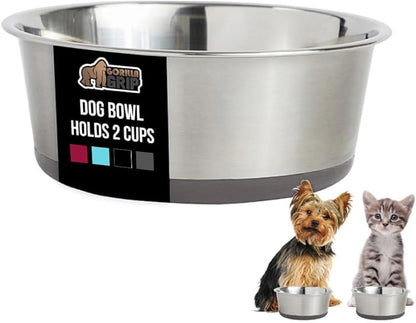 GORILLA GRIP Dog Bowl, Holds 2 Cups (16 fl oz), Heavy Duty Metal Food and Water Bowl for Feeding Dogs and Cats, Easy Clean, Dishwasher Safe, Rust Resistant Stainless Steel, BPA Free Rubber Base, Gray