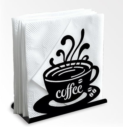 Coffee Cup Decorative Black Metal Napkin Holder for Cafe Bar Table, 4.9" x 4.9" x 1.9" Standing Napkin Holder for Home Kitchen Restaurant Picnic Party Coffee Bar Dining Room