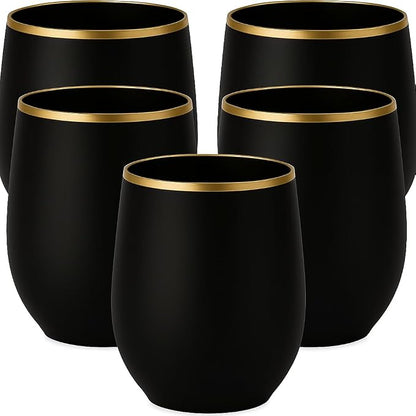 40 Pack Disposable Plastic Wine Glasses 12 oz Black Gold Rim Matte Cups | by Oojami