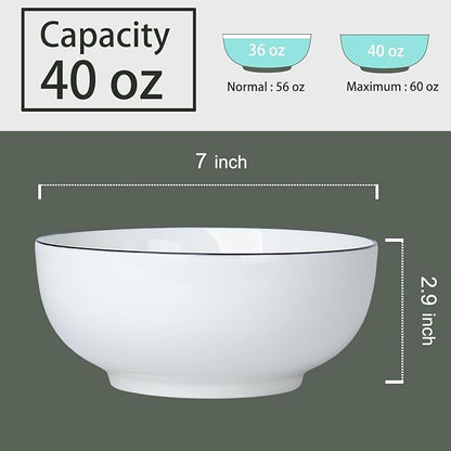 40 oz Large Soup, Ramen, Pho, Noodle, and Salad Bowl Set of 4, Rimmed 7 in White Ceramic Bowls, Versatile & Microwave Safe